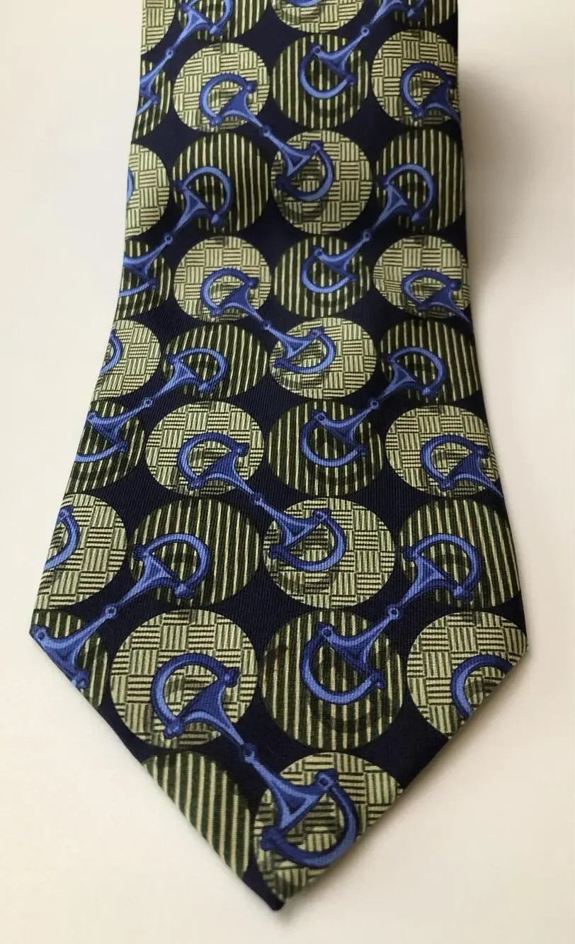 Gucci Tie Mens One Size Blue Silk Horsebit Geometric Equestrian Made In Italy
